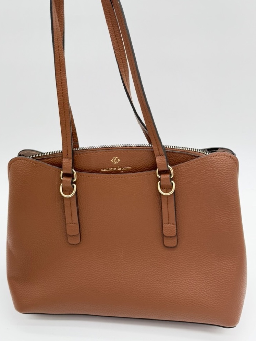 Nanette Lepore Cognac Brown Vegan Leather Satchel Shoulder Bag Floral Lining